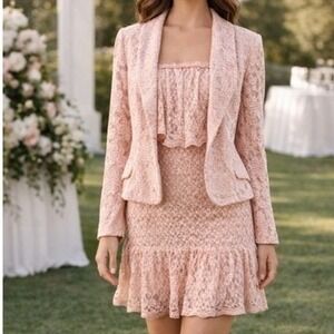 Blush Pink Lace Mini Dress & Lace Blazer Set VS Moda + INC Wedding Guest Small